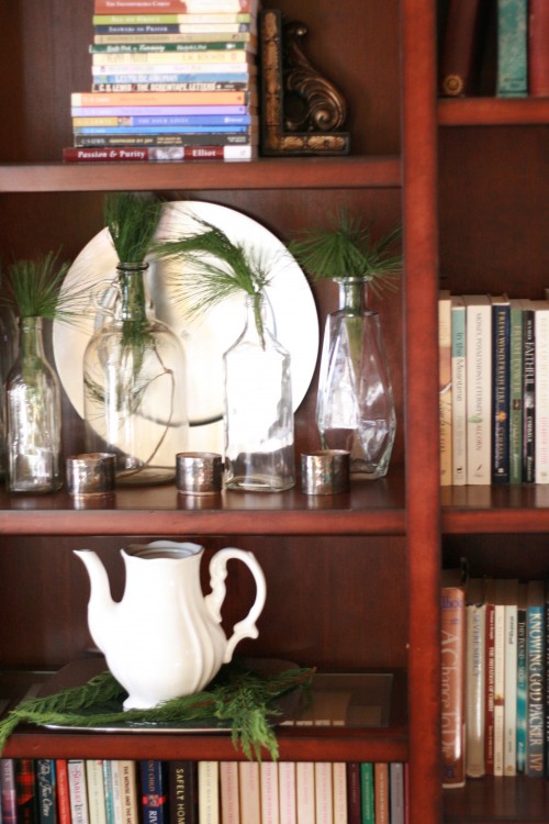 Living Room Bookshelf at Christmas