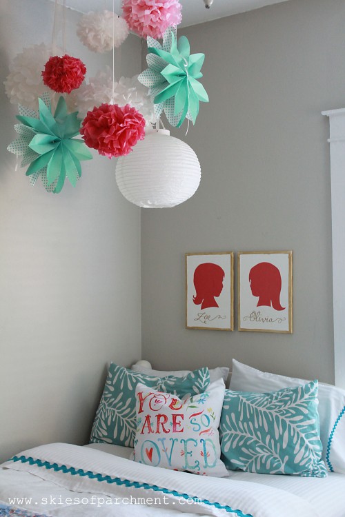 bedroom in coral and aqua