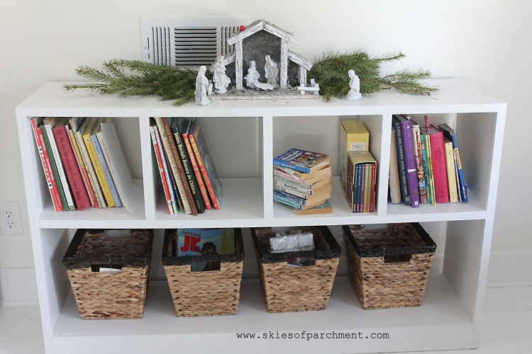 book shelf and baskets