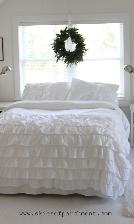 white ruffled bedspread